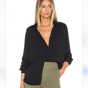 PISTOLA button down top frayed edges in black onyx. Size Small